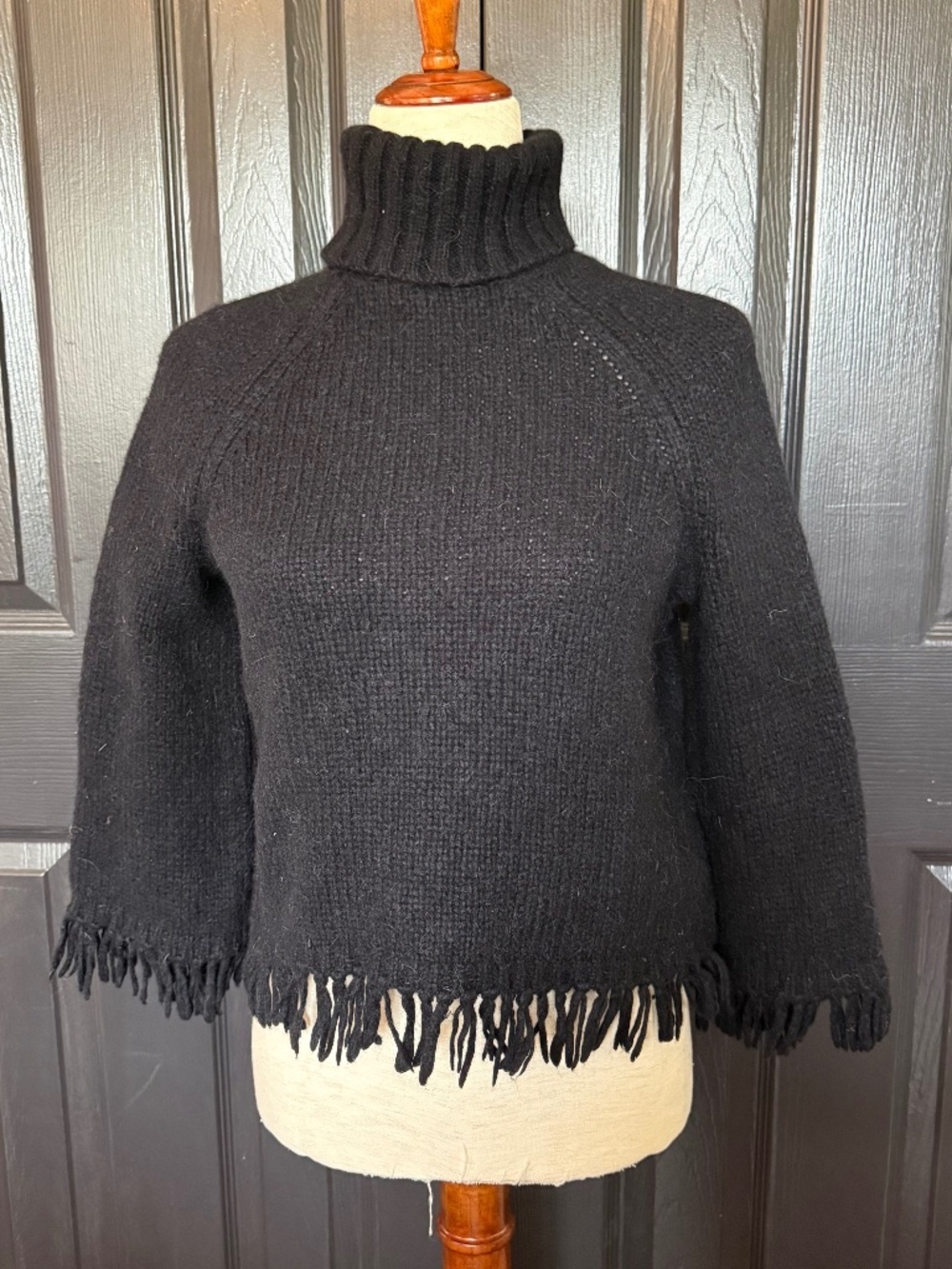 Tory Burch Jennifer Sweater Fringed Turtleneck Alpaca Wool Blend Blue Size S